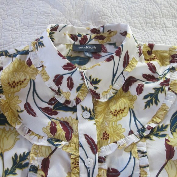 Modcloth Top S Yellow Floral Print Ruffle Retro - Picture 5 of 11